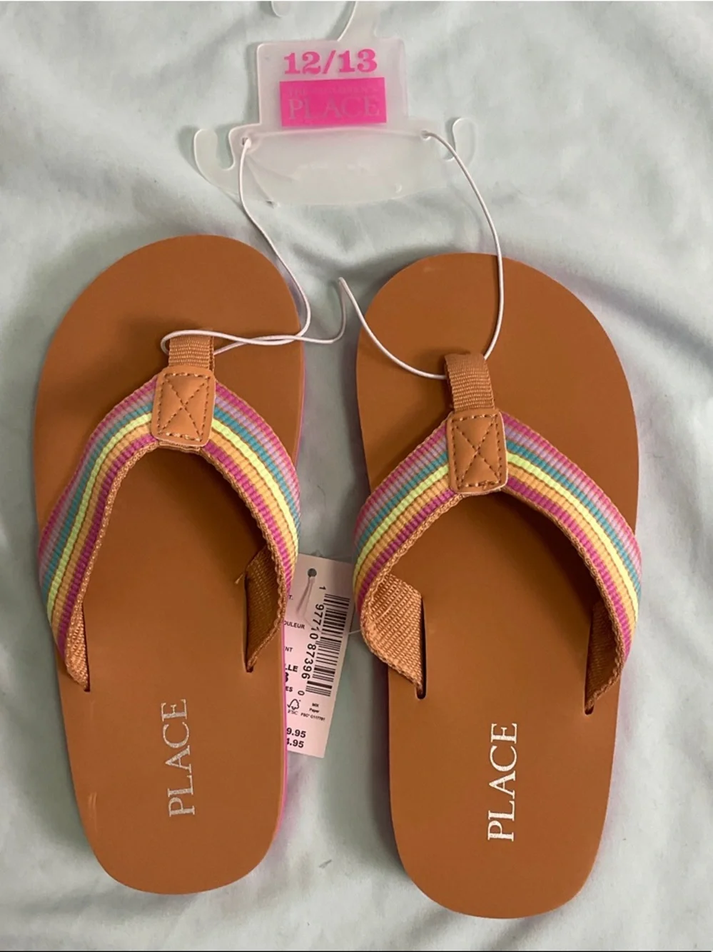 The Children's Place Tan Flip Flops with Rainbow Stripe Straps